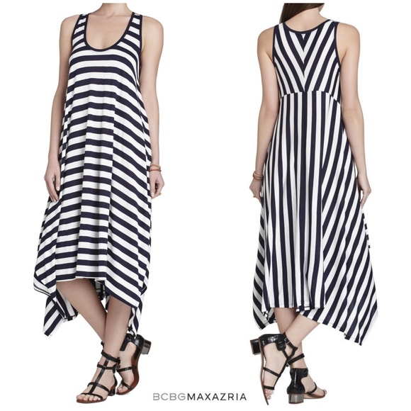 BCBGMAXAZRIA BLUE STRIPE HANDKERCHIEF KNIT DRESS - Picture 1 of 8